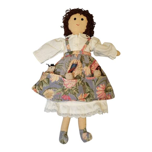 Vintage 18 in Cornelloki Fabric Rag Doll Dress & Pinafore with Babies in Pockets - Picture 1 of 6